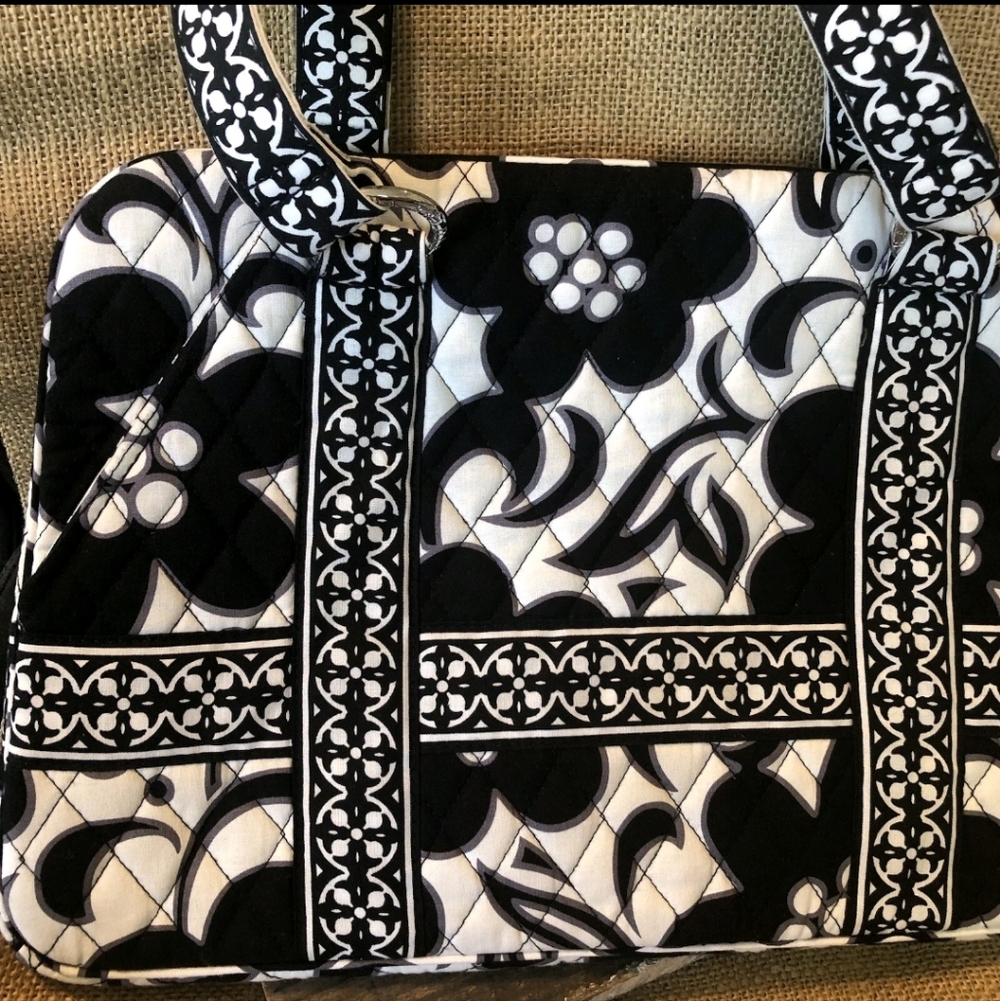 Floral Black White Women's Purse Bag Tote 14x10x5 - Picture 2 of 7
